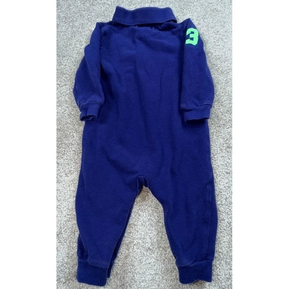 Ralph Lauren Baby Boy Navy Blue Neon Green Big Pony Long Sleeve Polo Romper 9M